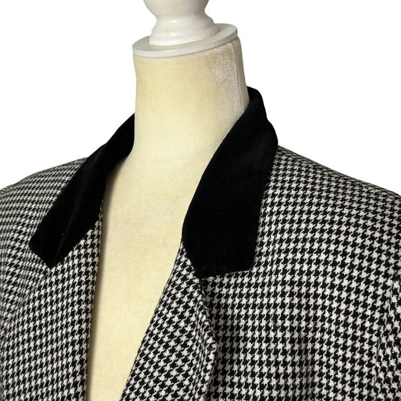 Wool Blend Houndstooth Blazer Black Velvet Collar Oversized Boxy Fit Sz 12 - Picture 3 of 12